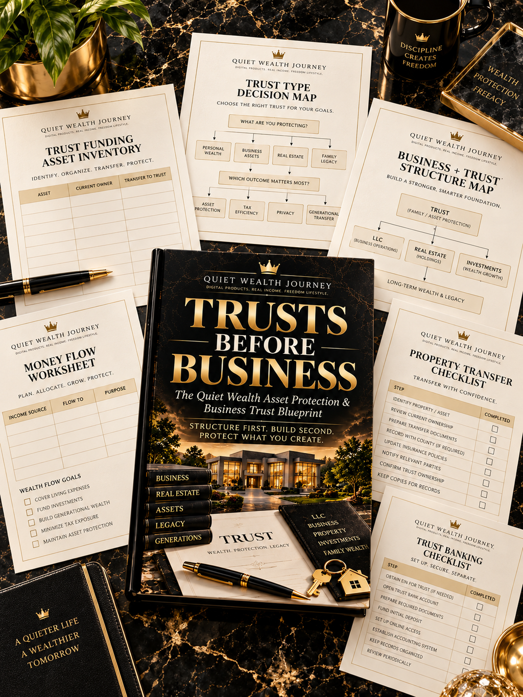 Quiet Wealth Journey Trusts Before Business premium worksheet flat lay mockup