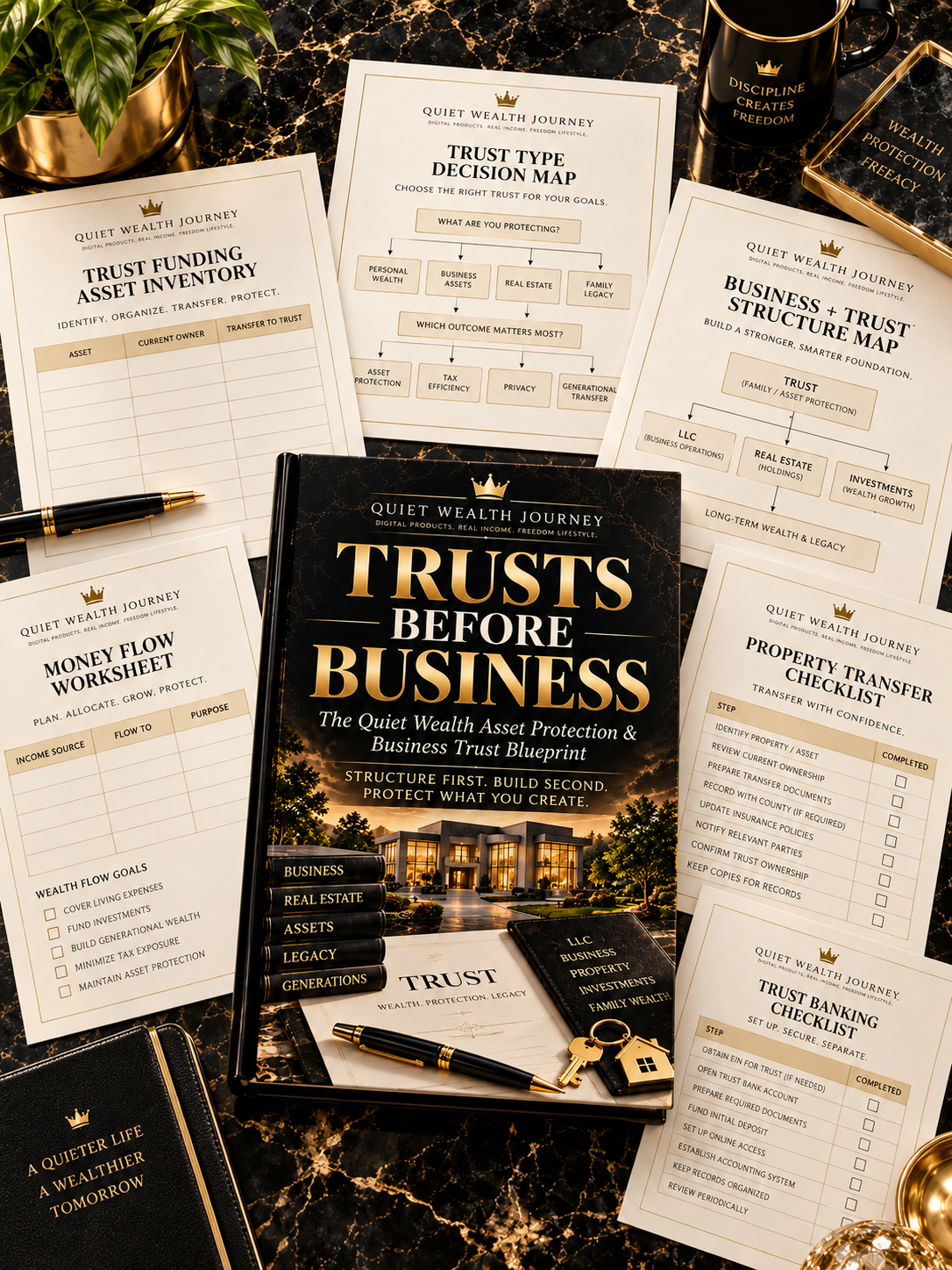 Quiet Wealth Journey Trusts Before Business premium worksheet flat lay mockup