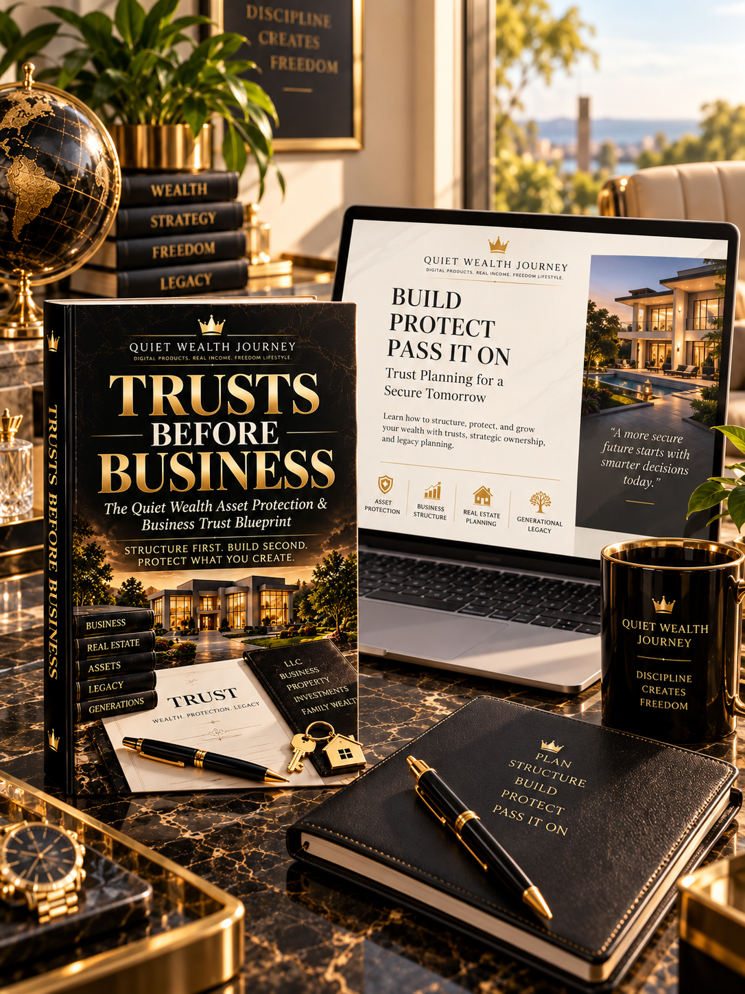 Quiet Wealth Journey Trusts Before Business luxury workspace mockup