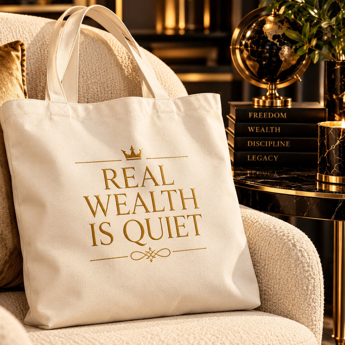 REAL WEALTH IS QUIET tote — premium luxury alt