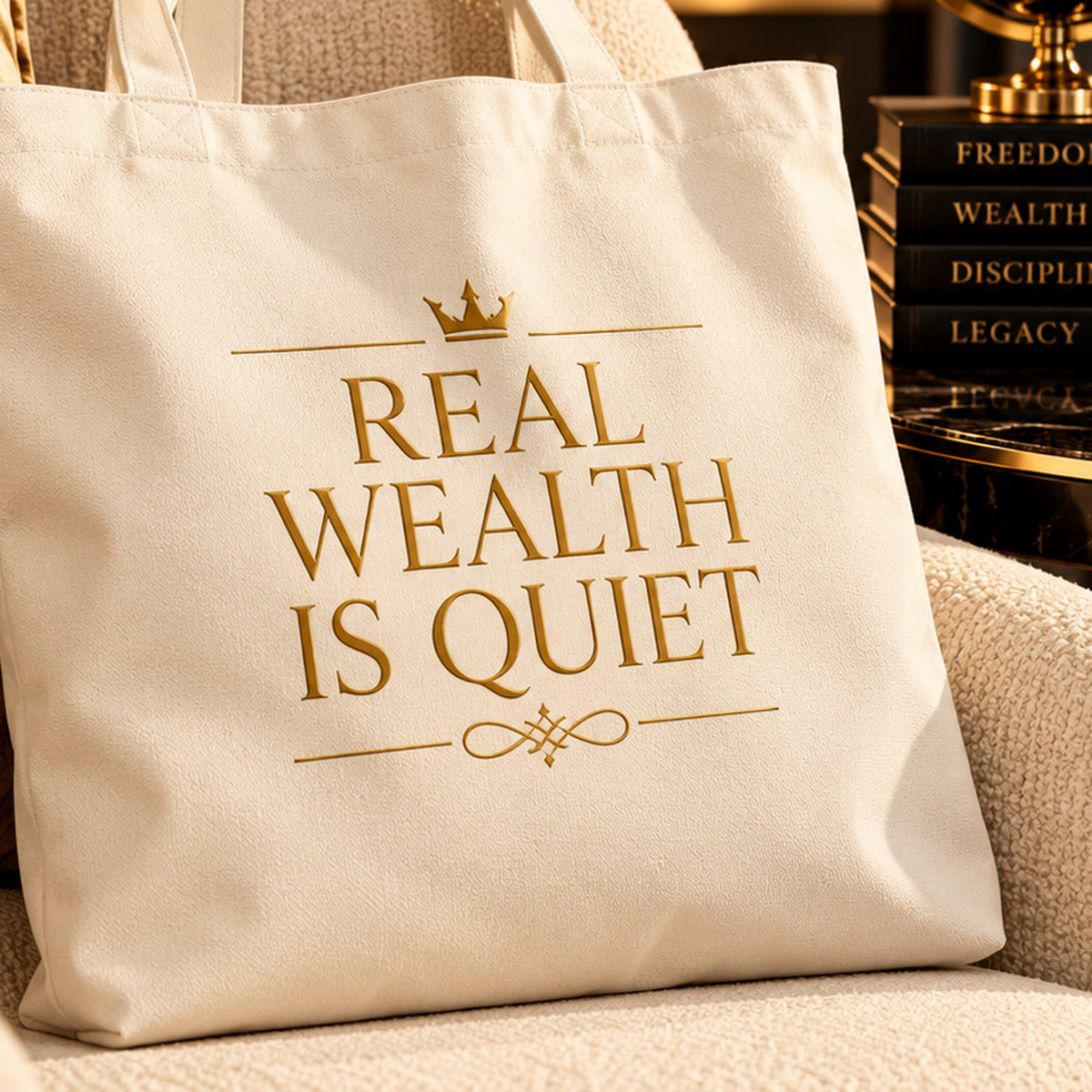 REAL WEALTH IS QUIET tote — premium luxury detail