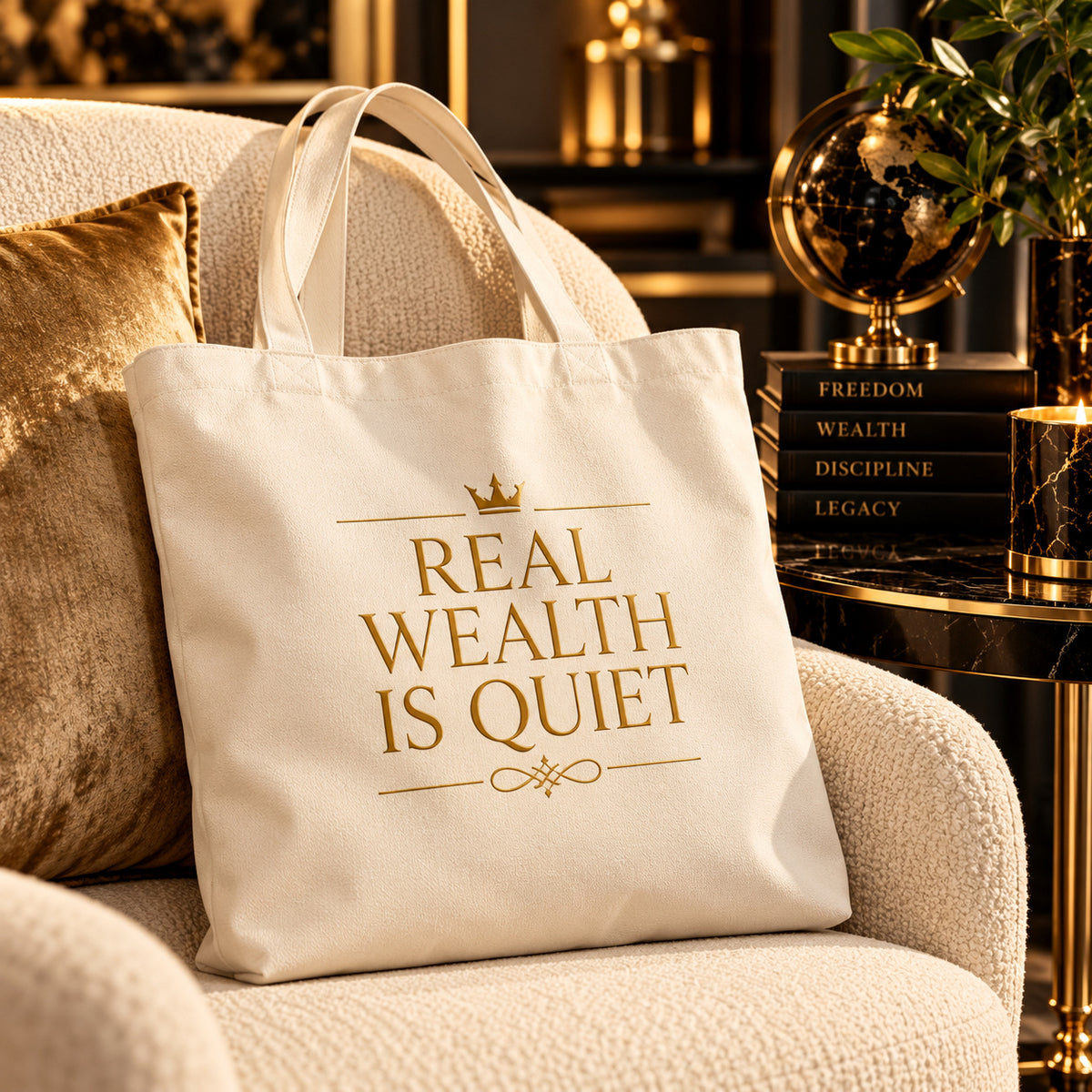 REAL WEALTH IS QUIET tote — premium luxury hero