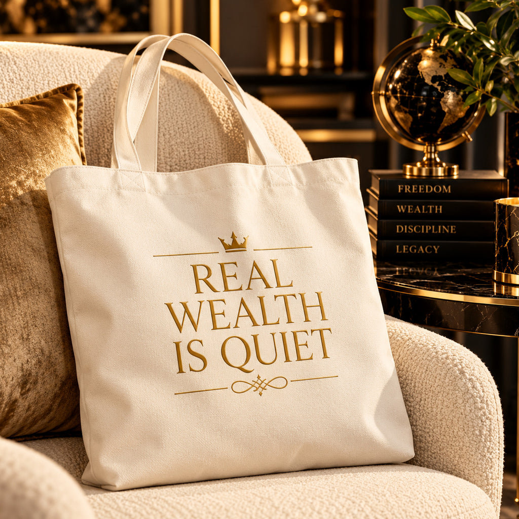REAL WEALTH IS QUIET tote — premium luxury lifestyle