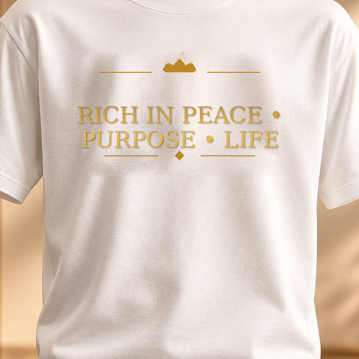 RICH IN PEACE PURPOSE & LIFE tee — premium luxury design detail
