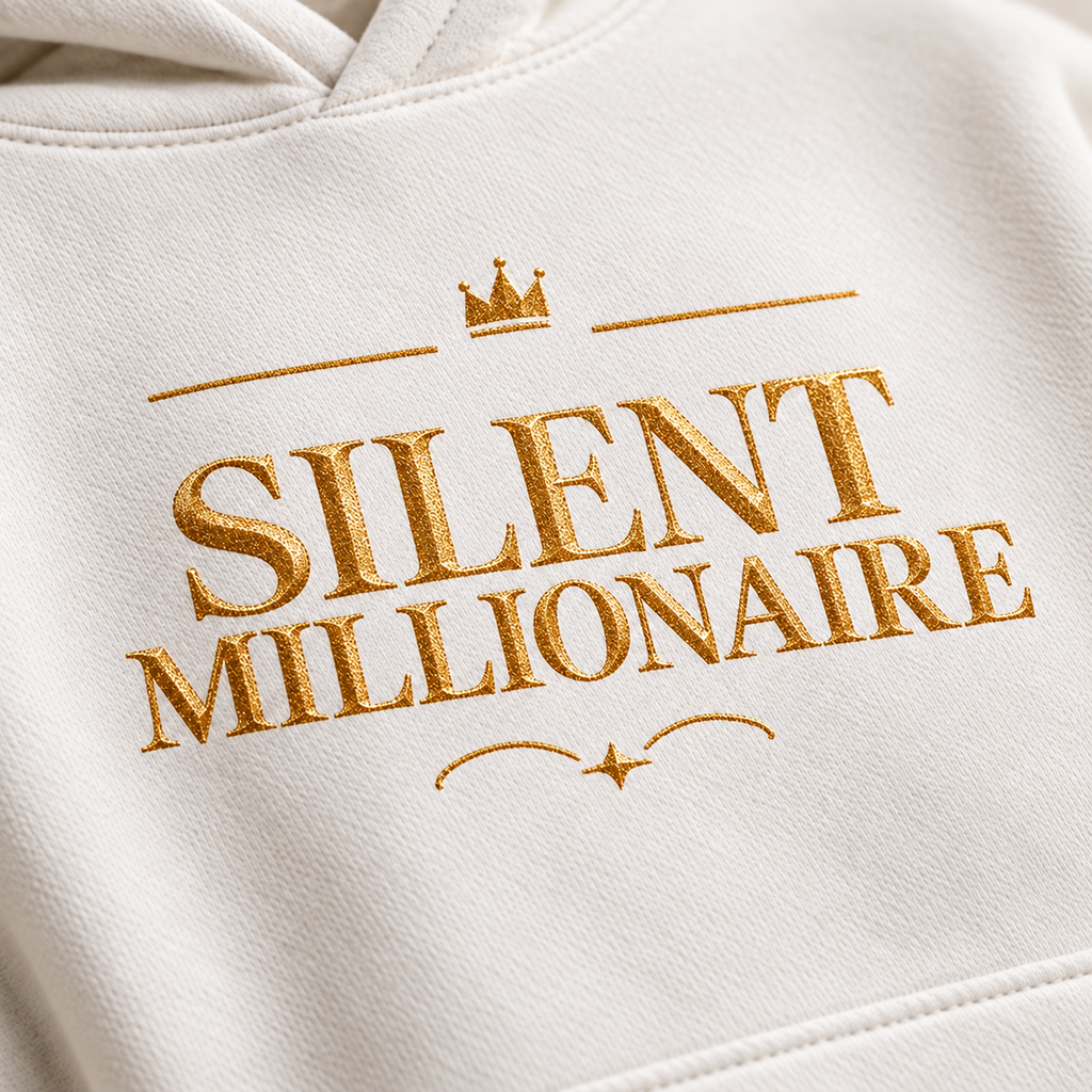 Silent Millionaire affirmation hoodie – print detail view