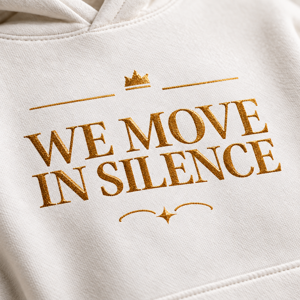 We Move in Silence affirmation hoodie – print detail view