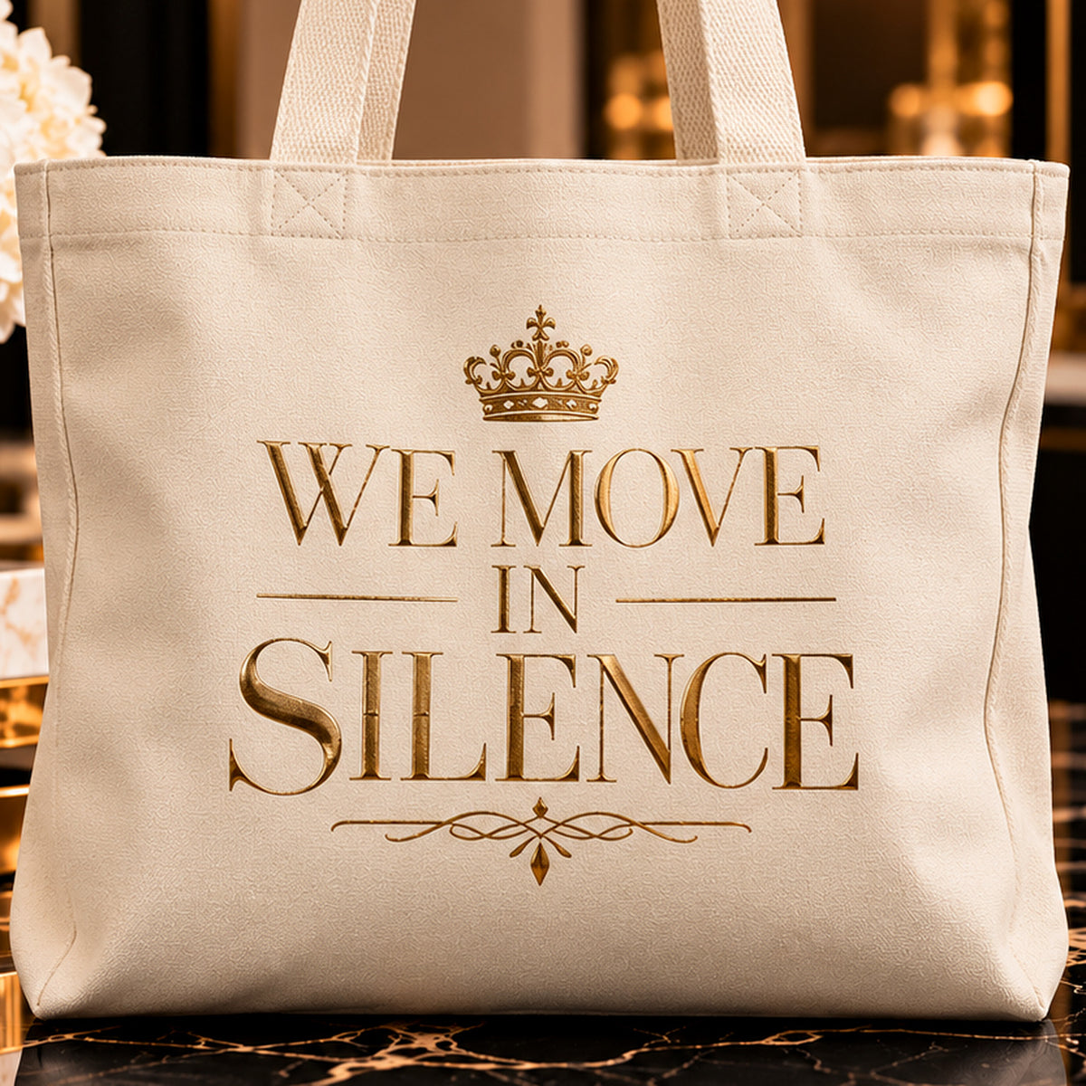 WE MOVE IN SILENCE tote — premium luxury detail