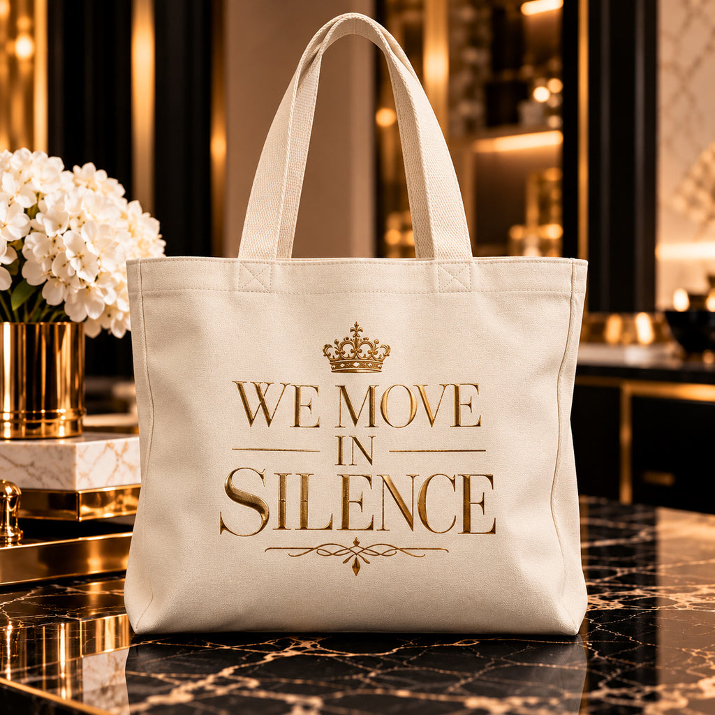 WE MOVE IN SILENCE tote — premium luxury hero